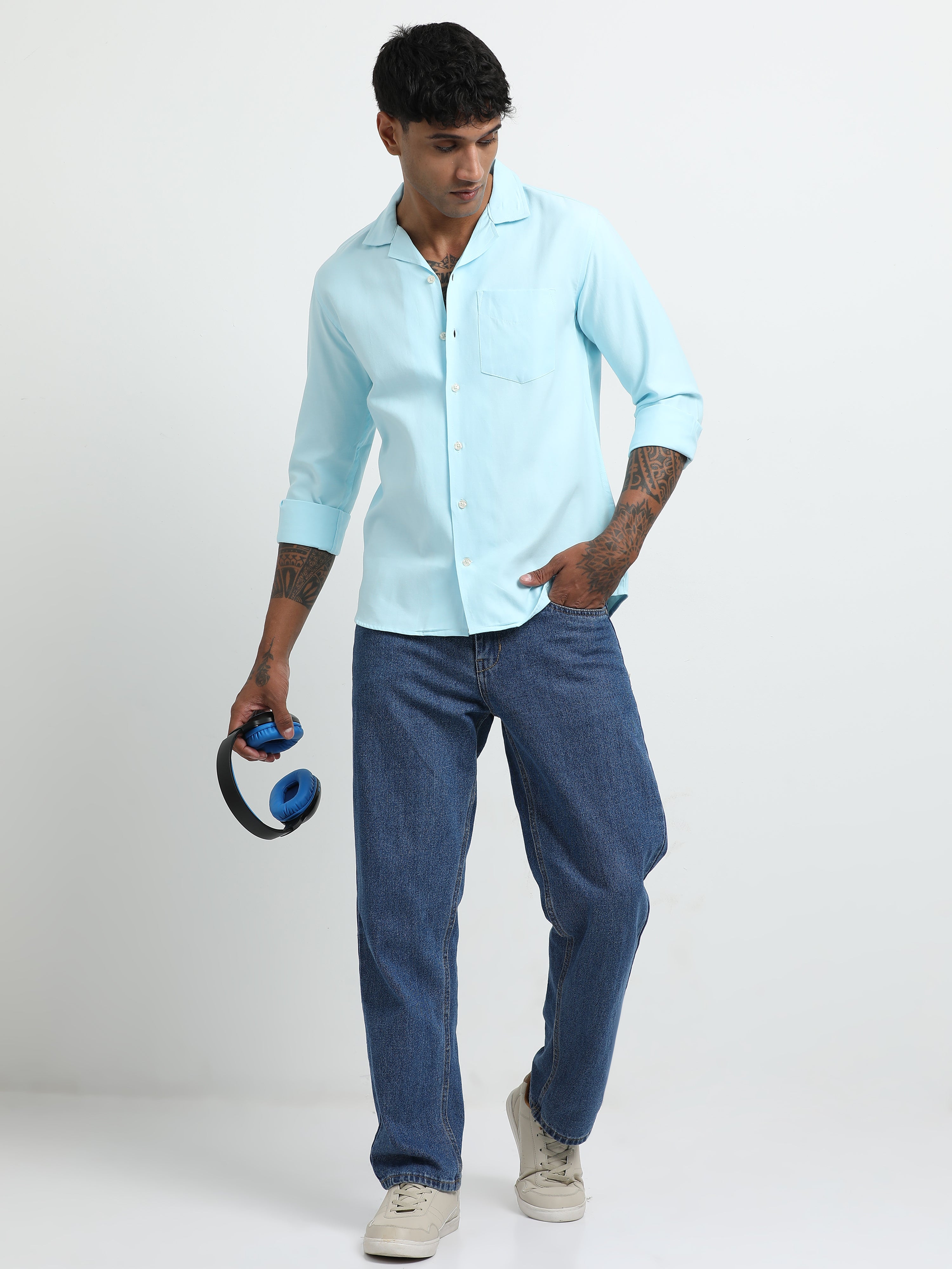 Sky Blue Cuban collar solid full sleeve shirt