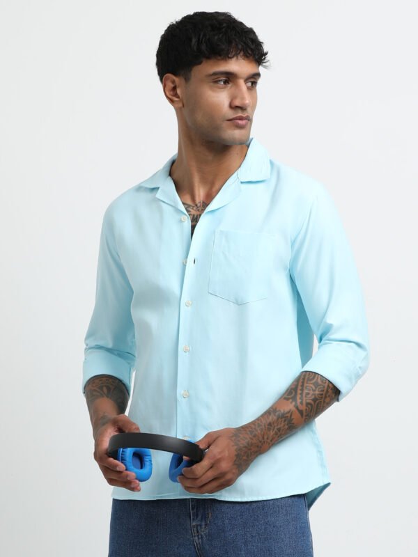 Sky Blue Cuban collar solid full sleeve shirt - Image 2