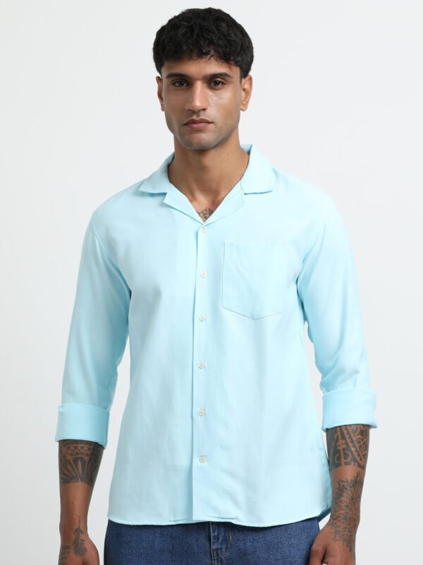 Sky Blue Cuban collar solid full sleeve shirt - Image 3