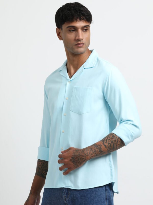 Sky Blue Cuban collar solid full sleeve shirt - Image 4