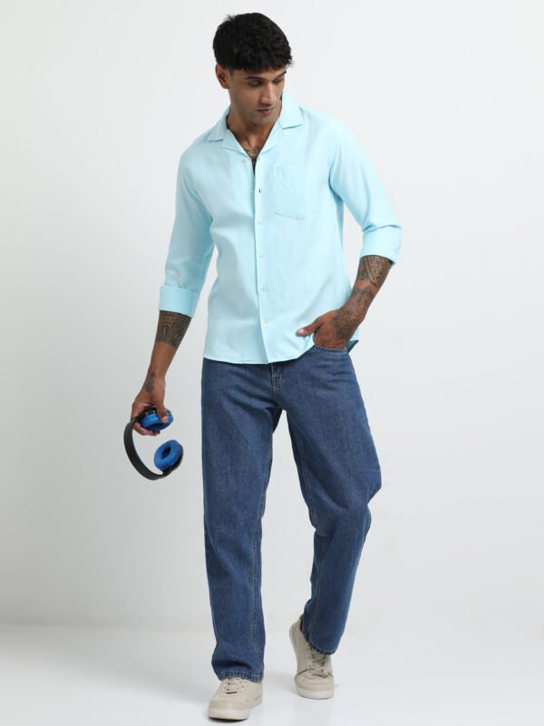 Sky Blue Cuban collar solid full sleeve shirt - Image 7
