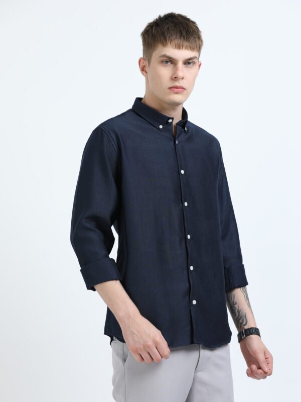 Navy Blue Textured Solid Button-Down Collar Shirt - Image 2