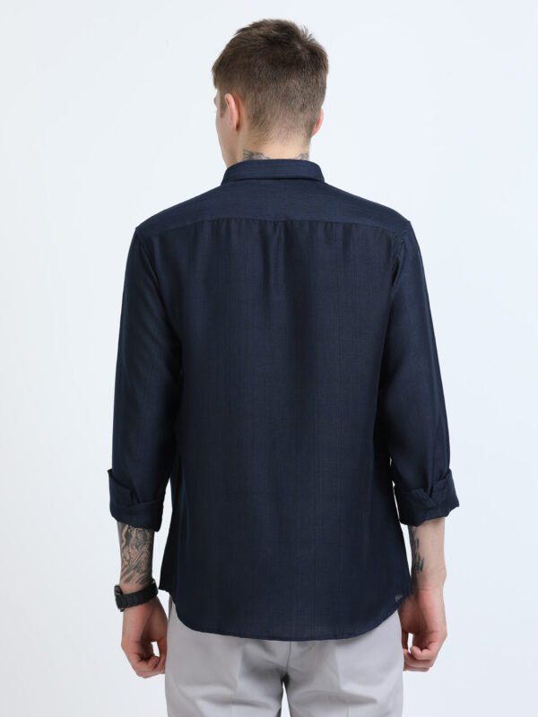Navy Blue Textured Solid Button-Down Collar Shirt - Image 3