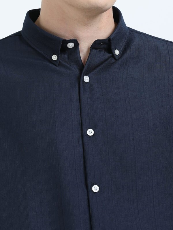 Navy Blue Textured Solid Button-Down Collar Shirt - Image 4