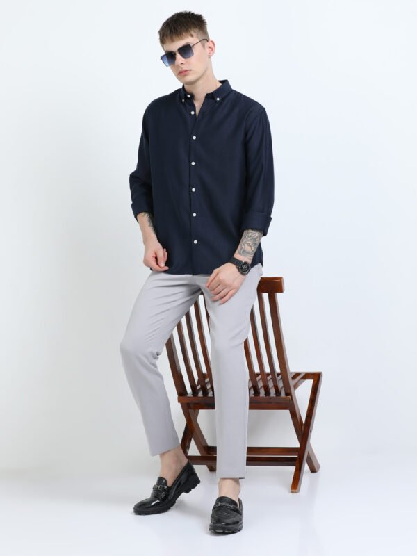Navy Blue Textured Solid Button-Down Collar Shirt - Image 5