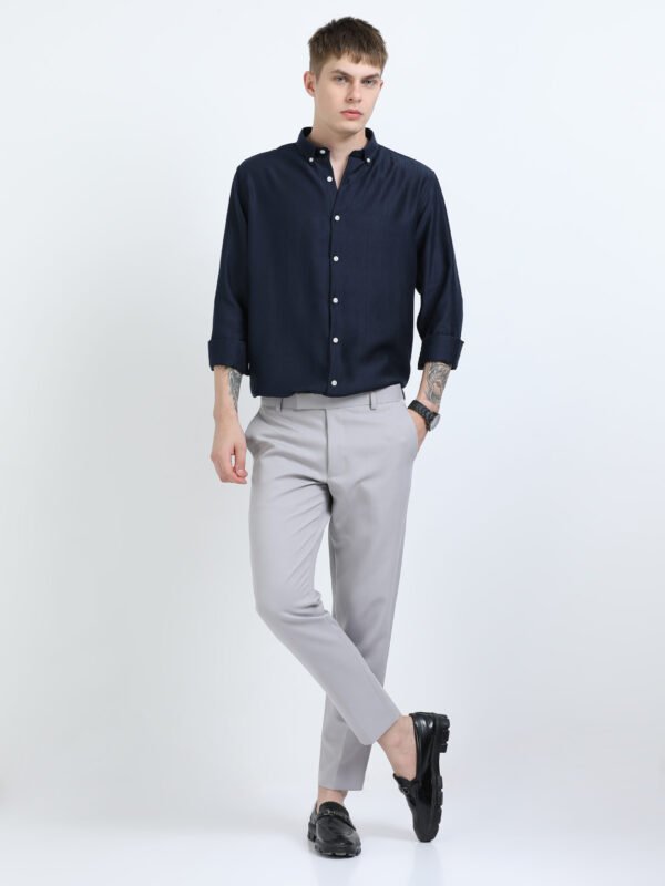 Navy Blue Textured Solid Button-Down Collar Shirt - Image 6