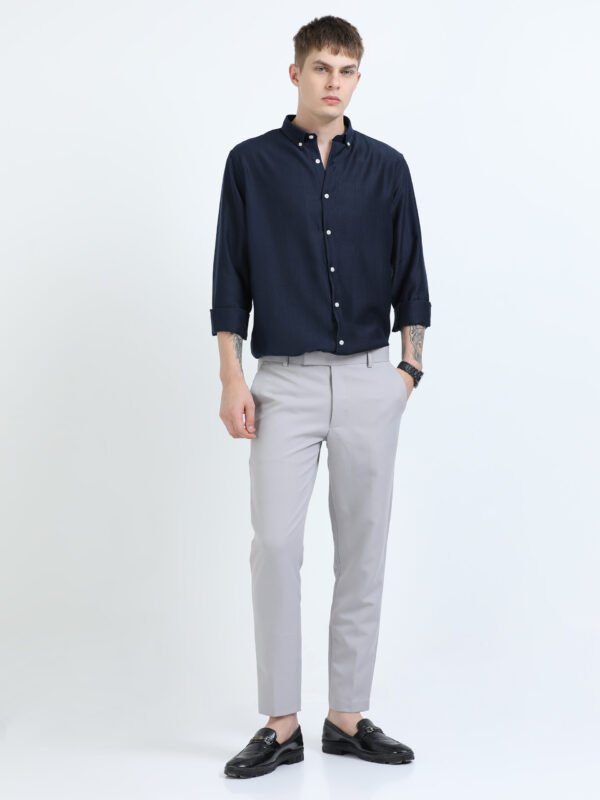 Navy Blue Textured Solid Button-Down Collar Shirt - Image 7